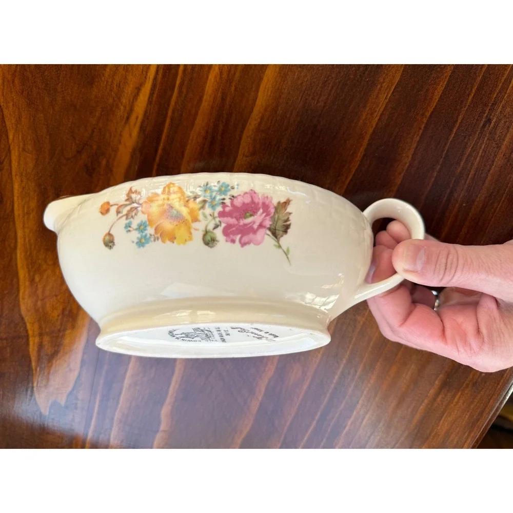 Vintage Edwin M Knowles China Floral Gravy Boat ‎ Gold Trim Vintage USA 38-12